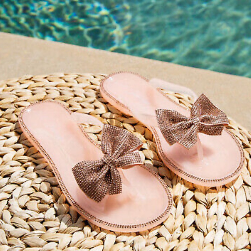Last one Rose Gold Rhinestone Bling Bow Jelly Thong Sandals / Flip Flops - Picture 3 of 4